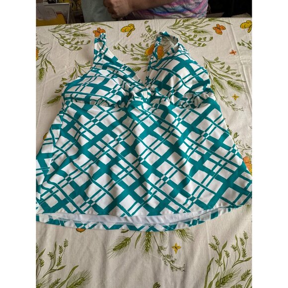 Catalina Womens 3X Tankini Top Teal & White Geometric Print - Picture 1 of 5
